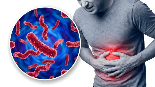 Man experiencing abdominal pain with microscopic bacteria visualization