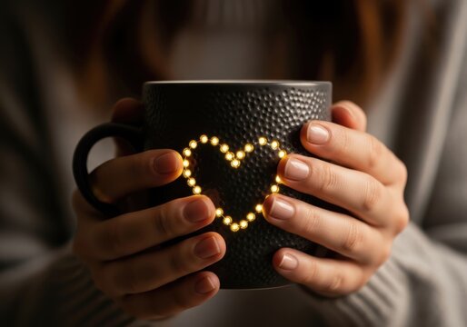 Closeup of hands holding a dark textured mug with a glowing heart