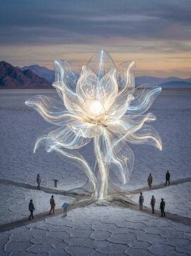 Giant glowing lotus sculpture installation in a desert salt flat at twilight with people