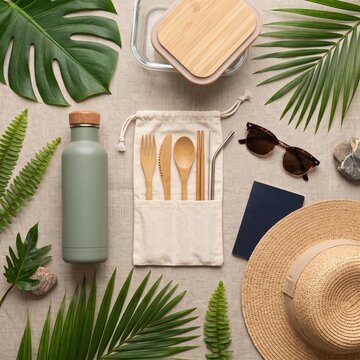 Eco friendly travel essentials flat lay with reusable water bottle, bamboo cutlery set, sunglasses, sun hat, passport, and tropical palm leaves
