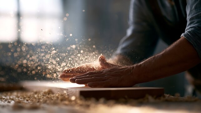 Carpenter hands brushing away sawdust from wooden board in workshop closeup.