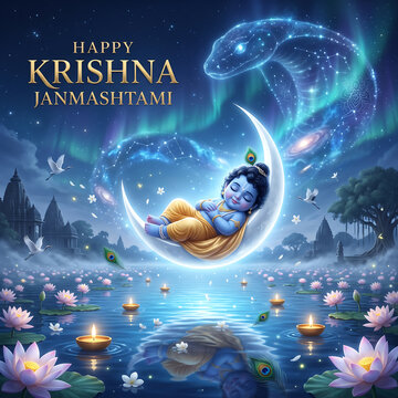 Celestial greeting card featuring sleeping blue infant on crescent moon surrounded by lotus flowers with displays serene blue mystical lake filled