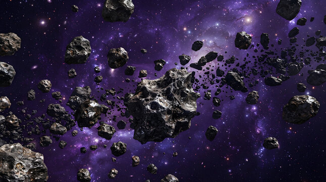 Asteroid field drifting through dark deep space with glowing purple nebula