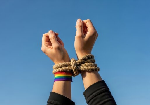 Hands tied with rope and a rainbow wristband