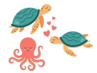 Fototapeta premium Cute Cartoon Sea Animals Set with Turtles in Love and Friendly Octopus