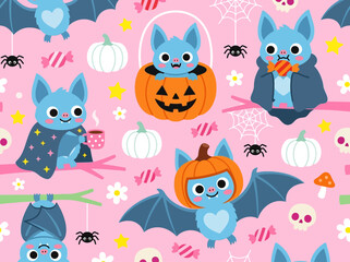 Fototapeta premium Kawaii Halloween Seamless Pattern with Cute Blue Bats, Pumpkins, and Candy on Pink Background