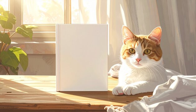A Ginger and White Cat Relaxing Beside a Blank White Book Cover on a Sunlit Wooden Table in a Cozy Bright Interior Room Setting