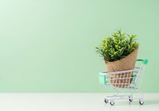 Small potted plant in a mini shopping cart isolated on white background