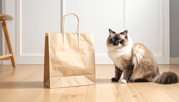 A fluffy Ragdoll cat sitting gracefully next to a blank brown kraft paper shopping bag on a bright wooden floor in a minimalist modern home interior setting