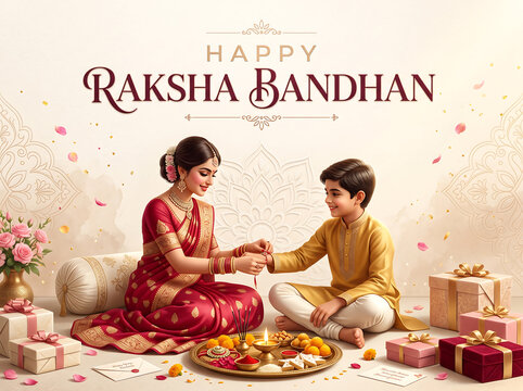 Traditional raksha bandhan celebration with sister tying protective thread on brothers wrist with surrounded festive gifts ritual items warm