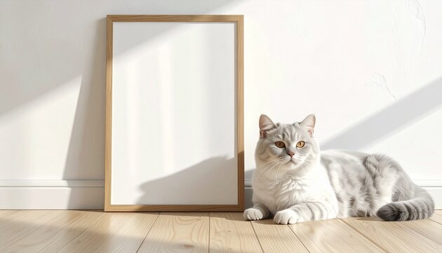 A Minimalist Wooden Picture Frame Mockup Placed Beside an Elegant British Shorthair Cat Resting on a Light Natural Hardwood Floor in a Bright Sunny Room