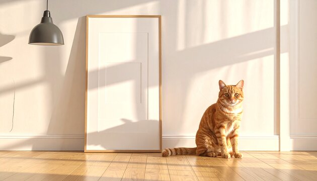 Ginger Tabby Cat Sitting Beside a Blank Vertical Wooden Picture Frame in a Sunny Modern Scandinavian Living Room with Warm Natural Lighting