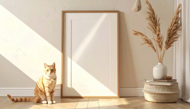 Minimalist interior featuring a ginger tabby cat sitting beside a large empty vertical wooden picture frame in a sunlit Scandinavian living room
