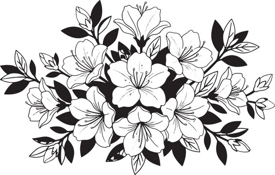 Beautiful hand drawn sketch of blooming azalea flowers isolated on white background, illustration