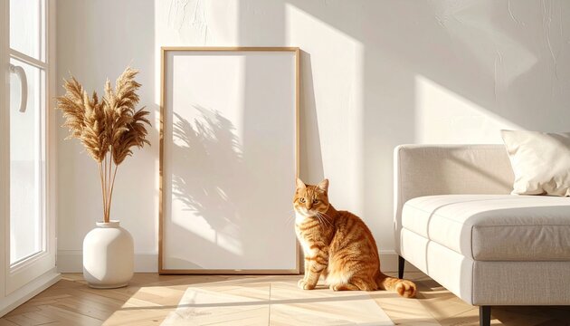 Cozy Minimalist Living Room Interior Featuring a Blank Portrait Poster Frame and a Cute Ginger Tabby Cat Sitting on a Sunlit Wooden Floor Near a Modern Sofa