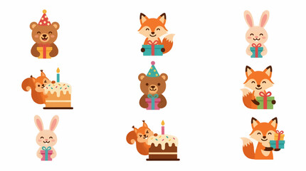 Cheerful Cartoon Animal Characters with Party Hats, Gifts, and Birthday Cakes, Cute Flat Vector Illustration Set for Celebrations and Events © Siti
