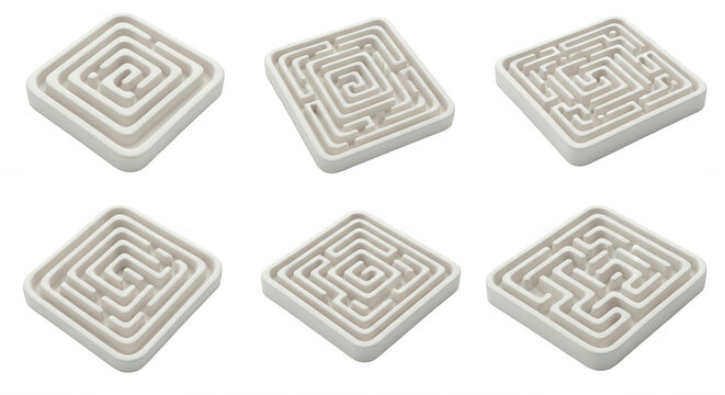 six white square mazes on white background various perspectives for puzzle decision making problem solving visuals