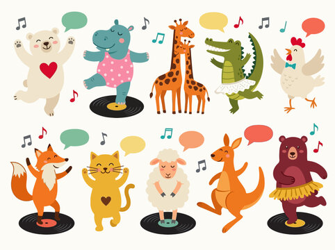 Cute Cartoon Animals Dancing with Music Notes and Vinyl Records Illustration Set