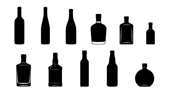 Alcohol bottle silhouette set, black glass bottle icons for wine and spirits, 11 vector liquor bottle shapes for bar menus and beverage packaging