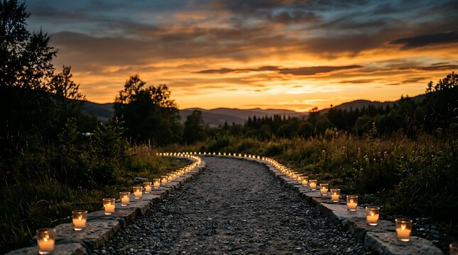 Glowing candlelit path leading through a field at golden sunset