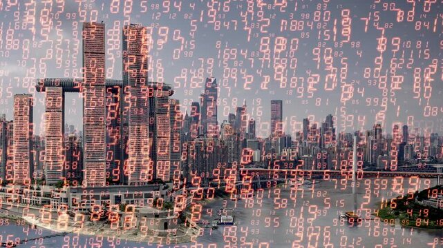 chongqing cyberpunk city with overlayed code and data on the buildings