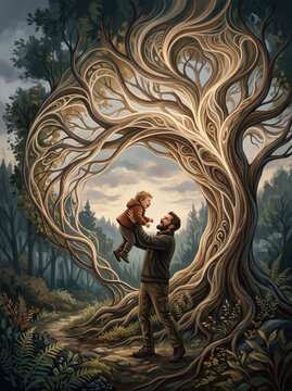 Artistic illustration of a father lifting his young son in a joyful embrace under a majestic tree with swirling branches in a lush forest setting