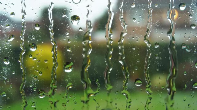 Macro shot of heavy rain condensation and water streams sliding down window glass pane with bokeh