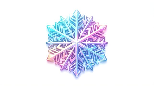 Trendy Y2K style holographic 2.5D snowflake icon with iridescent glossy finish and subtle sparkle, modern futuristic winter asset, isolated vector illustration on pure white background
