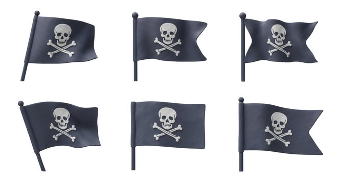 six jolly roger flags displayed on a white background suggesting pirate themes or concepts for illustrative purposes