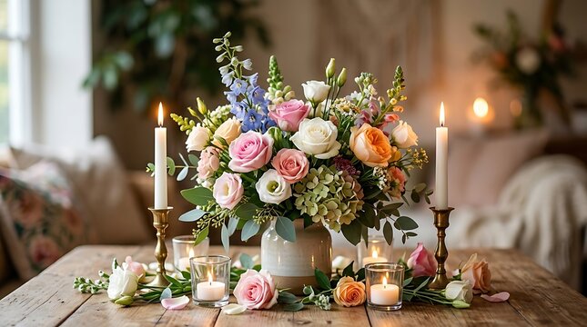 Elegant floral centerpiece with lit candles on a wooden table