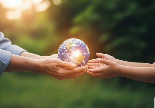 Hands passing a glowing globe of the earth