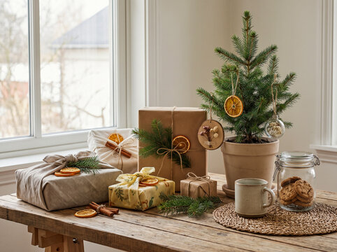 Sustainable Christmas gifts wrapped in eco-friendly paper and fabric on a rustic wooden table with a small potted pine tree and dried orange decorations