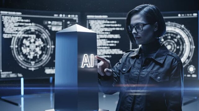 Woman touches AI cube in futuristic control room with data displays. Developer interacts with artificial intelligence box. Woman works with AI technology. Futuristic AI cube in control center.