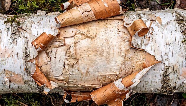 Raw birch wood and bark texture flat lay top down view