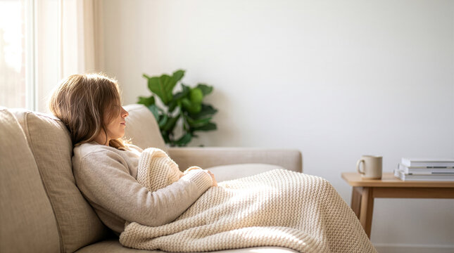 明るいリビングのソファでブランケットに包まれリラックスする女性。窓からの自然光を浴びて休息するおうち時間やウェルネス、ライフスタイルのイメージ。
