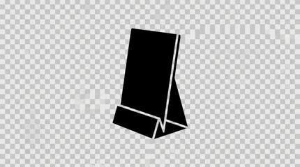 Vertical acrylic table tent menu holder vector illustration. Portrait counter sign display stand, restaurant promo card holder silhouette icon. © Indar