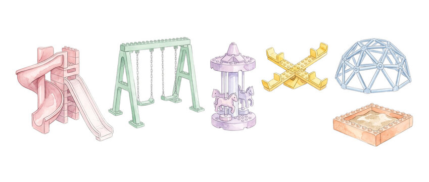 Playground equipment building blocks set watercolor illustrations of slide swing carousel sandbox see-saw and climbing dome isolated on black background for kids game design and creative play space.