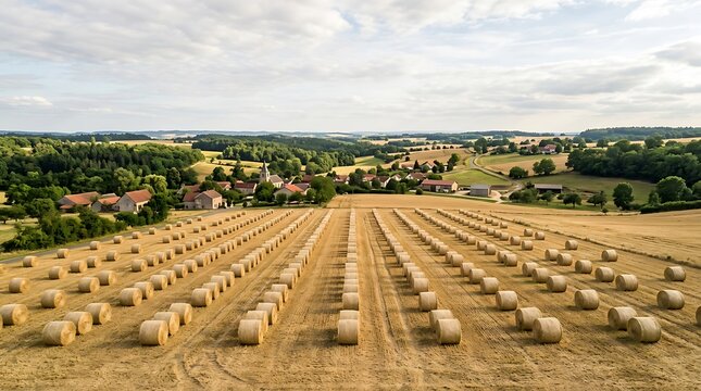 Hay bales in rows on a golden harvest field near a rural village