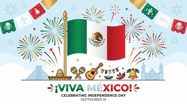 Colorful Mexican Independence Day Celebration Banner with National Flag Fireworks Traditional Cultural Icons and Festive September Sixteenth Holiday Illustration