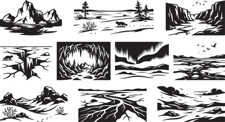 Set of black and white arctic landscape featuring snowy mountains, icy glaciers, frozen tundra, polar fox silhouettes, deep caves, northern lights, and cracked ice fields in a style © MdAbu
