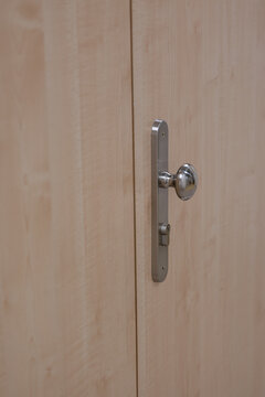 Detail of a polished ball door knob on a wooden door.