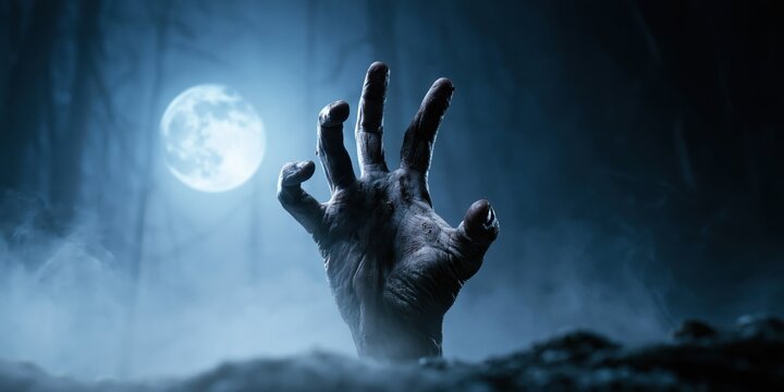 Creepy Zombie Hand Rising from Ground in Foggy Night Horror Halloween Background
