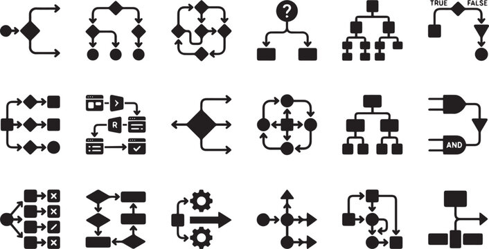 Set of black flat representing flowcharts, logic diagrams, decision trees, and algorithmic processes with arrows and geometric shapes