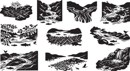 Set of black and white nature featuring flowing rivers, cascading waterfalls, rocky streams, fish, birds, and a beaver dam, rendered in a bold, high-contrast woodcut style © MdAbu