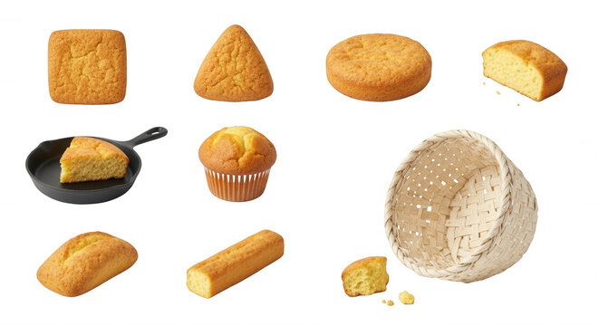 assortment of baked cornbread pieces in various shapes ready to eat on a white surface with basket possible for recipe uses