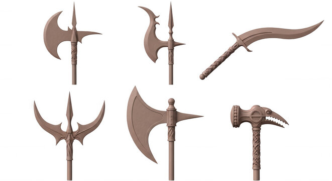 collection of medieval weapons displayed on white background suggesting historical warfare game art or historical illustration