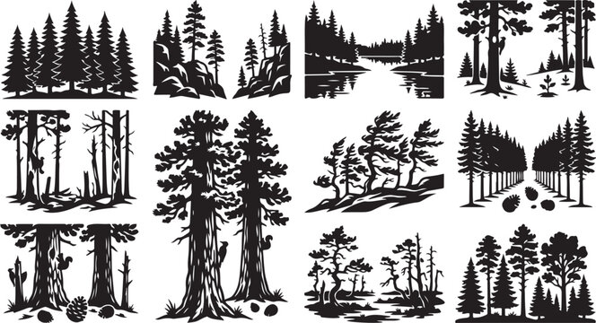 Set of black and white forest silhouettes, featuring various coniferous tree clusters, dense woodland landscapes, pine trees, rocky terrain, and small forest animals like squirrels and woodpeckers