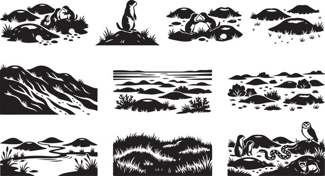 Set of black and white prairie dog featuring ground squirrel burrows, grassy mounds, desert landscapes, and wildlife interactions including owls, snakes, and ferrets in a stylized