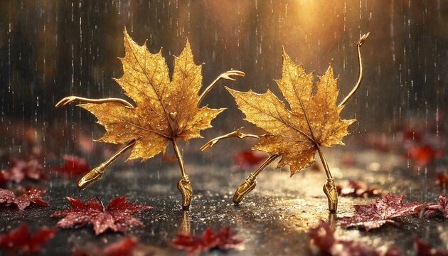 Surreal Concept of Golden Maple Leaves Dancing Like Ballerinas in Autumn Rain