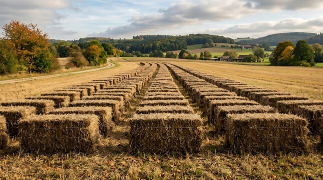 Hay bales arranged in neat rows on a harvest field in autumn